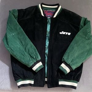NY Jets all suede vintage Bomber jacket by designer Jeff Hamilton